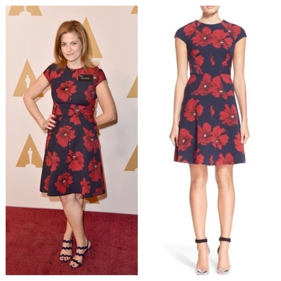 Lela Rose Dresses & Skirts - Lela Rose / Dress Cap Sleeve Poppy Floral Wedding Garden Navy Blue Red shift 10